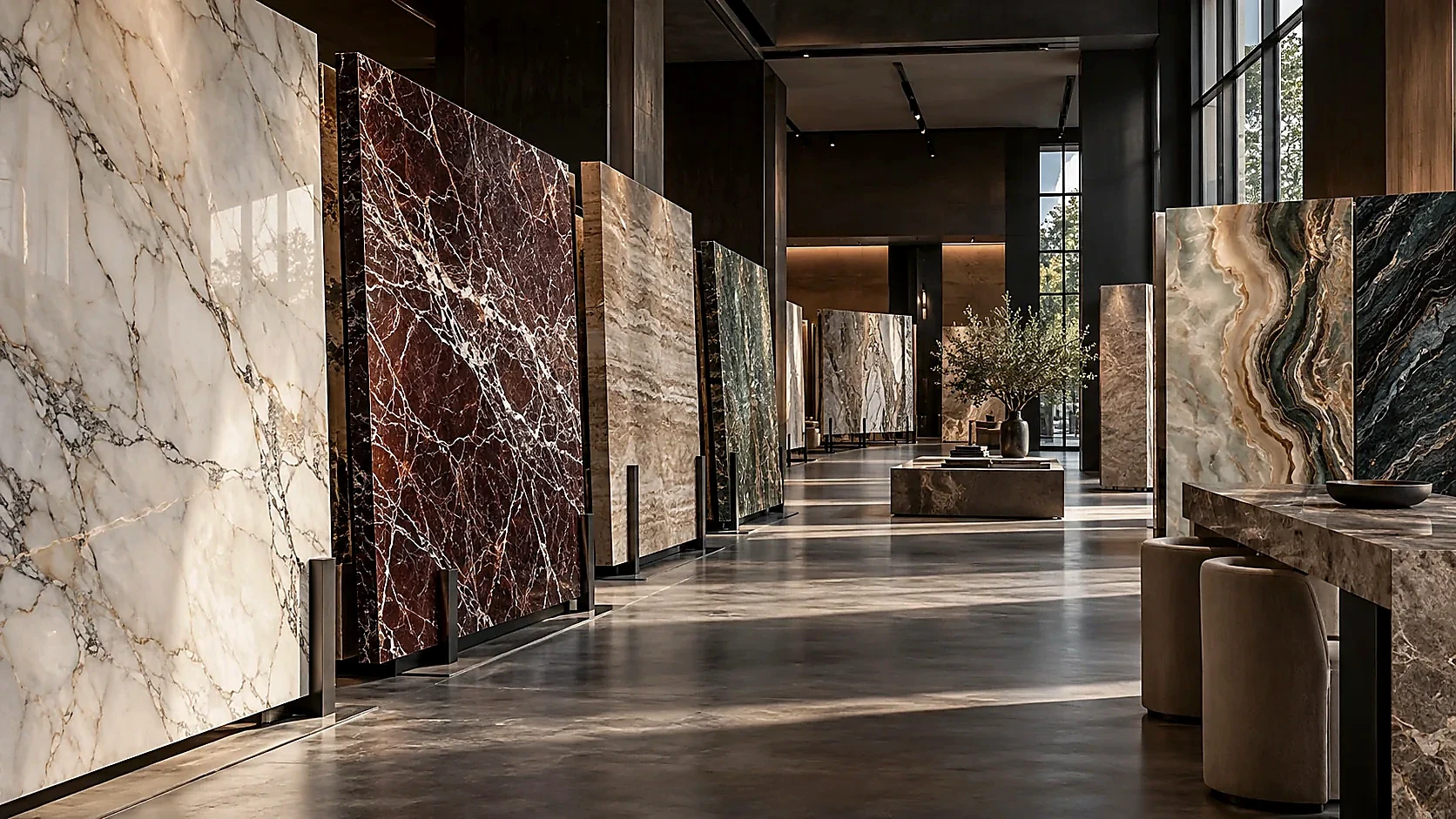 Selectie natuursteenplaten in een moderne showroom